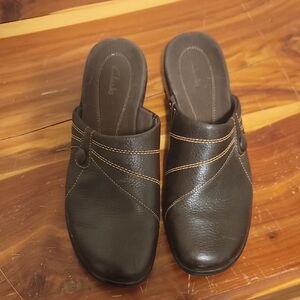 Clarks Dark Brown Leather Mules with Stitch Detail